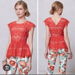 Maeve Anthropology Women's Peplum Lace Top Coral Lined Size Medium EUC